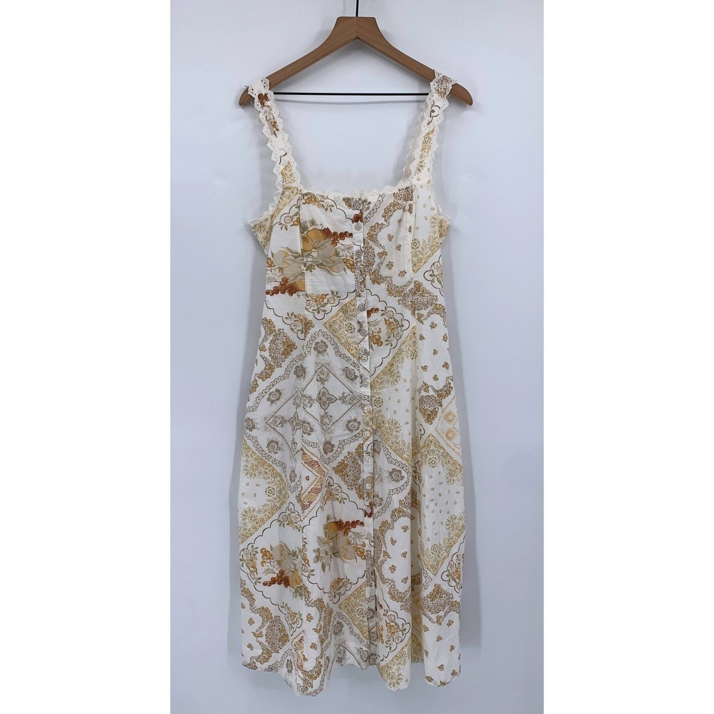 Kimchi Blue Dress Womens Medium Cream Brown Floral Paisley Lace Trim Smocked NEW